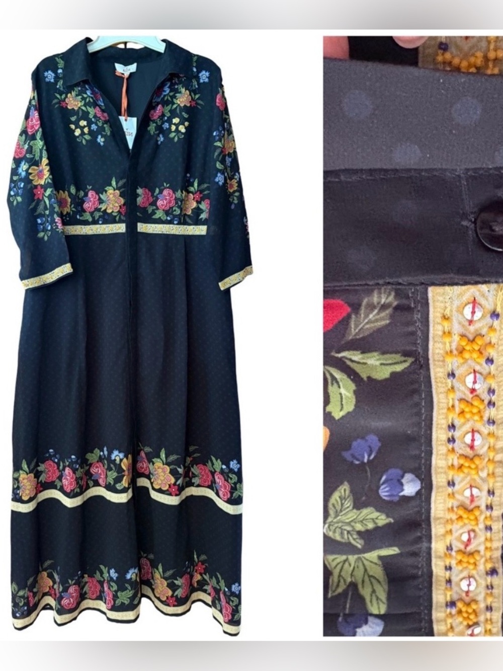 NWT Niza Black floral beaded long sleeve button up collared v-neck maxi dress